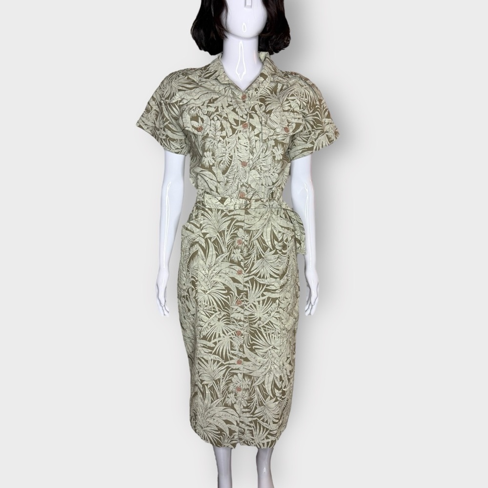 Vintage Late 1970s Early 80s Green Tropical Print Cotton Midi Dress - Picture 2 of 8